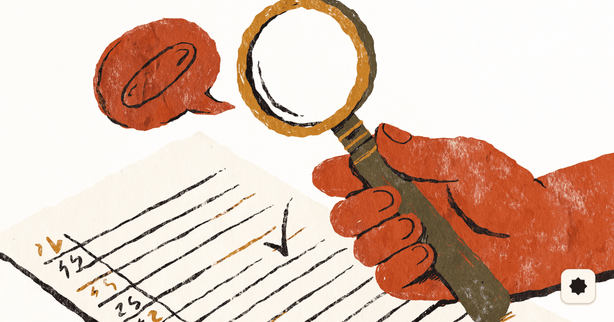 Editorial illustration in a warm clay-and-paper palette: a terracotta clay speech bubble offers a drafted figure beside a cream paper ledger, while a hand holds a magnifying glass over the figures and an ink check-mark marks a verified row — the AI drafts, the human verifies.