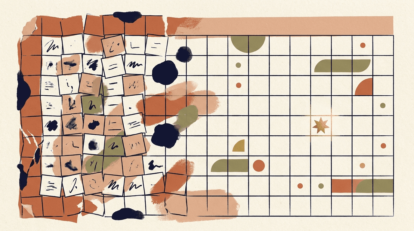 A clay-and-paper editorial illustration of a spreadsheet grid resolving from a messy, jumbled left side into clean aligned rows on the right, with a small eight-pointed-star accent.