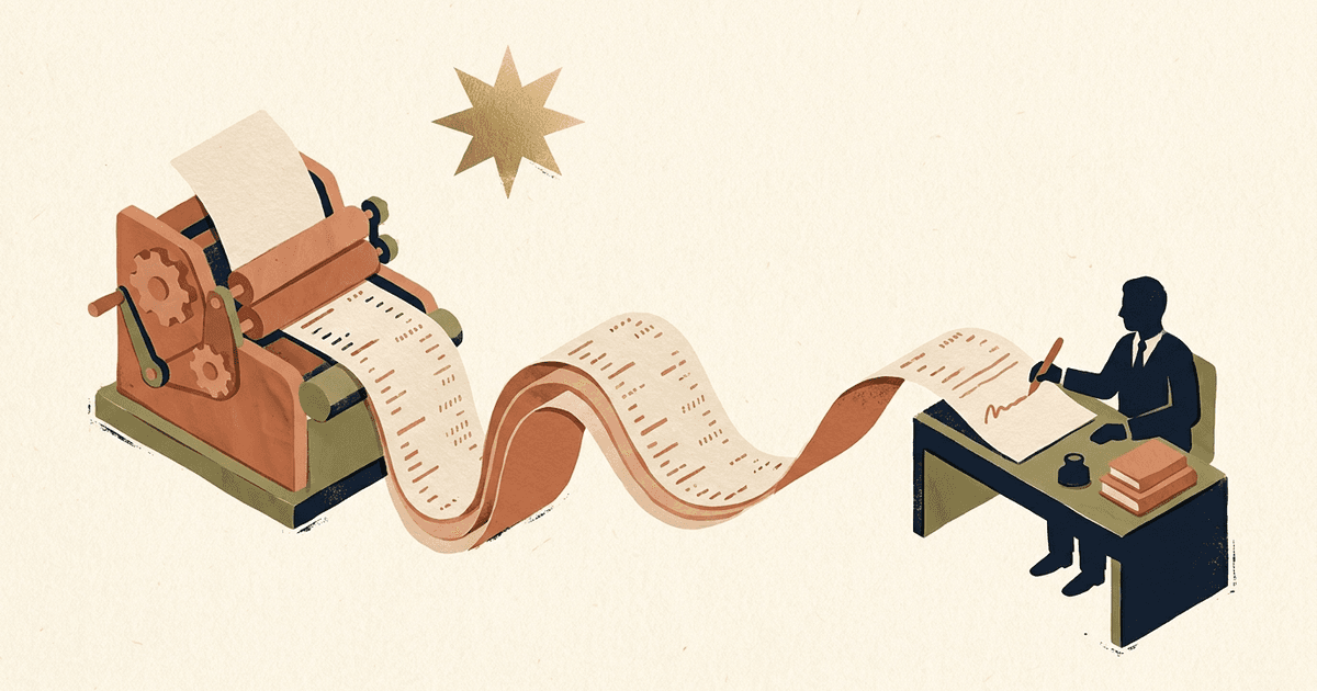 A clay-and-paper editorial illustration: a terracotta printing press streams a flowing fan of draft ledger and spreadsheet pages toward a deep-ink silhouette of a finance professional seated at a desk, pen in hand, reviewing and signing them, beneath a small gold eight-pointed star — the AI drafts the close, the human decides.