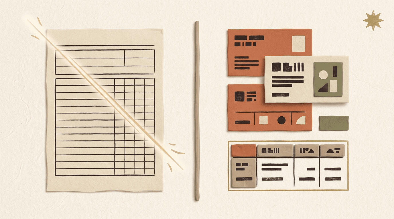 Editorial illustration in a warm clay-and-paper palette: a cream tax-return form on the left, a focused beam sweeping across it, and the content reassembled into tidy structured data cards on the right, with a small eight-pointed star accent.