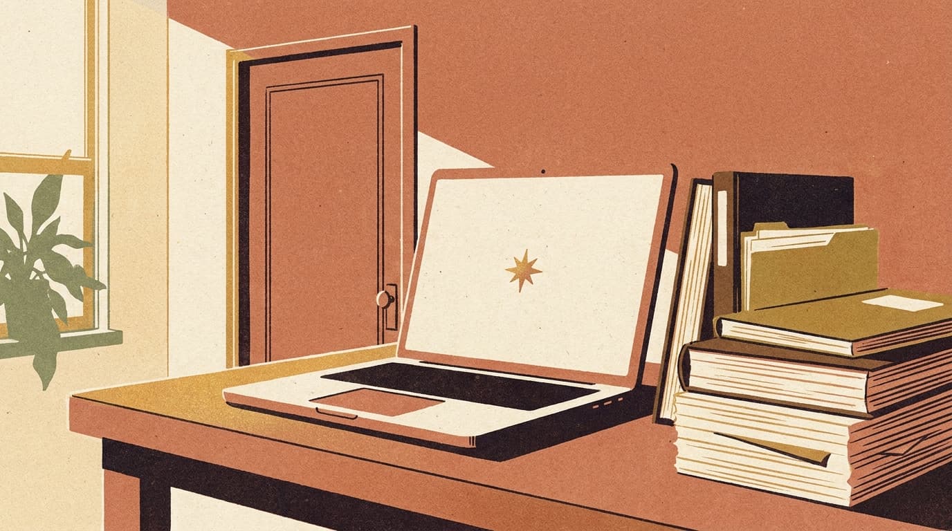 An editorial illustration: a laptop on a desk showing a small glowing star, surrounded by stacks of tax ledgers, in a closed, sunlit room — the data stays in the room.