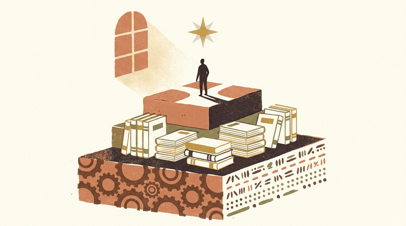 An editorial illustration of three ascending tiers — gears and routine marks at the base, stacks of ledgers in the middle, and a single figure pausing to decide at the top beneath a star — the task, knowledge, and judgment layers of AI in tax.