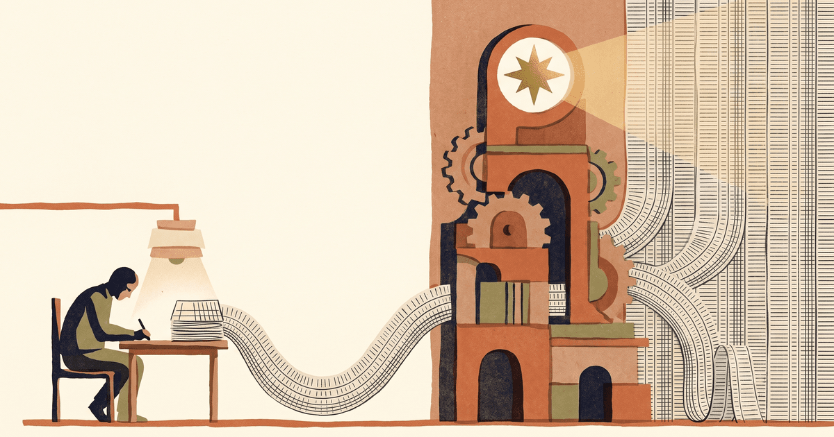 Editorial clay-and-paper illustration of the e-audit asymmetry: on the left a lone person at a desk files a tax return line by line by lamplight, while a continuous ribbon of ledger lines flows to the right into a towering, geared terracotta matching-engine crowned by a gold eight-pointed star that reads an entire wall of e-invoice data at once.