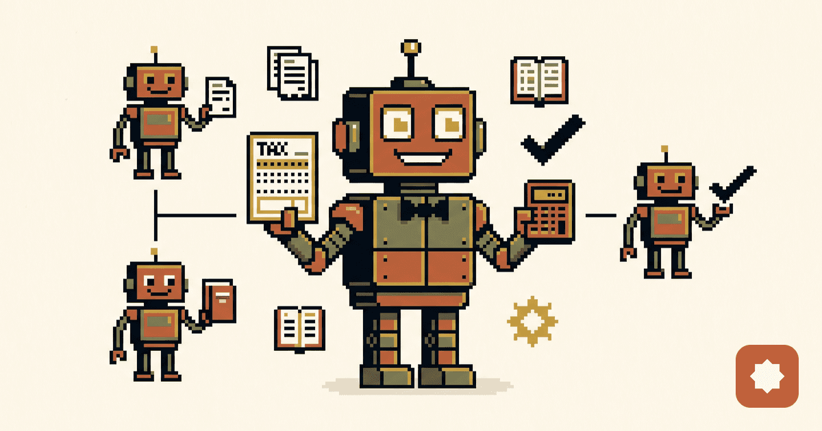 Warm pixel-art editorial illustration in the clay-and-paper palette: a friendly blocky terracotta robot 'tax agent' stands at the centre holding a tax return form and a calculator, with thin ink connector lines linking it to a small network of smaller robot agents arranged like an org chart, plus pixel icons of invoices, a ledger, verification check-marks and a gold eight-pointed star — a network of autonomous AI agents running a tax department.