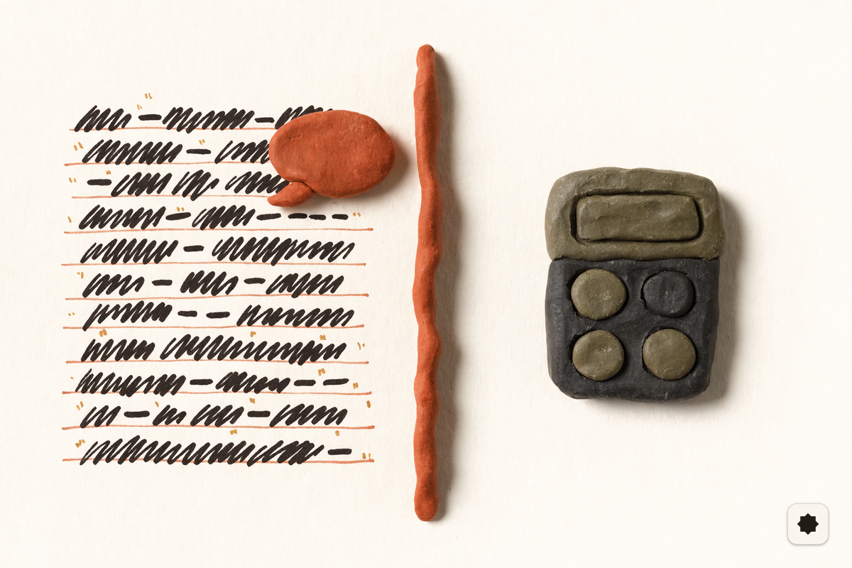 Clay-and-paper diagram split down the middle by a hand-rolled clay seam: on the left, lines of text with a terracotta speech bubble (use AI for language tasks); on the right, a matte clay calculator (use a calculator for arithmetic).